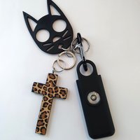 Cheetah Cross Keychain Safety Set -130 decibel personal alarm with strobe light, cat and handmade cheetah/leopard cross or purse charm