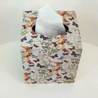 Butterfly Tissue Box Cover - Decoupage vintage style in natural beige with small butterflies and leaves 