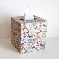 Butterfly Tissue Box Cover - Decoupage vintage style in natural beige with small butterflies and leaves 