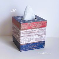 Patriotic Tissue Box Cover - Decoupage red, white and blue woodgrain design with stars