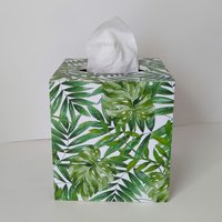 Tropical Palm Leaf Tissue Box Cover- Decoupage with green palm and monstera leaves on white background