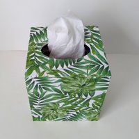 Tropical Palm Leaf Tissue Box Cover- Decoupage with green palm and monstera leaves on white background