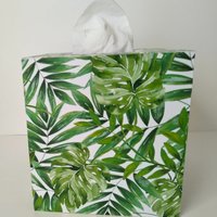 Tropical Palm Leaf Tissue Box Cover- Decoupage with green palm and monstera leaves on white background
