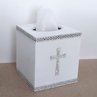Bling Cross Tissue Box Cover - Handpainted with crystal rhinestone cross and crystal glass trim