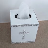 Bling Cross Tissue Box Cover - Handpainted with crystal rhinestone cross and crystal glass trim