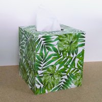 Tropical Palm Leaf Tissue Box Cover- Decoupage with green palm and monstera leaves on white background