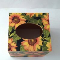 Sunflower Tissue Box Cover - Decoupage with golden yellow flowers, green leaves and black background