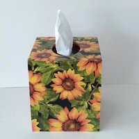 Sunflower Tissue Box Cover - Decoupage with golden yellow flowers, green leaves and black background