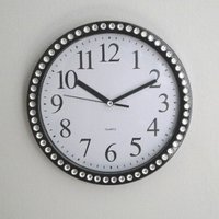 Bling Wall Clock - Decorative Round Black and White Clock w/ Sparkling Clear Rhinestones - 9"