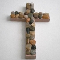 River Rock Wall Cross - Hand Painted Beige Wood Cross with River Pebble Rocks- 12" Natural Stone Cross 