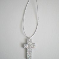 Glitter Car Cross For Rearview Mirror - Super Sparkling Silver Octagon/Prisma Glitter w/ Metallic Silver Cord