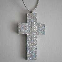 Glitter Car Cross For Rearview Mirror - Super Sparkling Silver Octagon/Prisma Glitter w/ Metallic Silver Cord