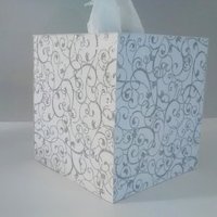 White & Silver Swirl Tissue Box Cover-White w/Sparkling Silver Glitter Swirls,Square Tissue Holder