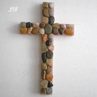 River Rock Wall Cross - Hand Painted Beige Wood Cross with River Pebble Rocks- 12" Natural Stone Cross 