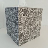Floral Textured Tissue Box Cover- Embossed vinyl flower and swirl leaf design square tissue holder