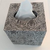Floral Textured Tissue Box Cover- Embossed vinyl flower and swirl leaf design square tissue holder