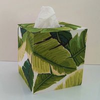 Palm Leaf Tissue Box Cover - Wood Tissue Holder with tropical banana leaves fabric