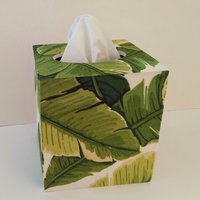 Palm Leaf Tissue Box Cover - Wood Tissue Holder with tropical banana leaves fabric