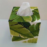 Palm Leaf Tissue Box Cover - Wood Tissue Holder with tropical banana leaves fabric