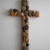 River Rock Wall Cross - Hand Painted Beige Wood Cross with River Pebble Rocks- 12" Natural Stone Cross 