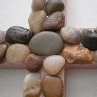 River Rock Wall Cross - Hand Painted Beige Wood Cross with River Pebble Rocks- 12" Natural Stone Cross 