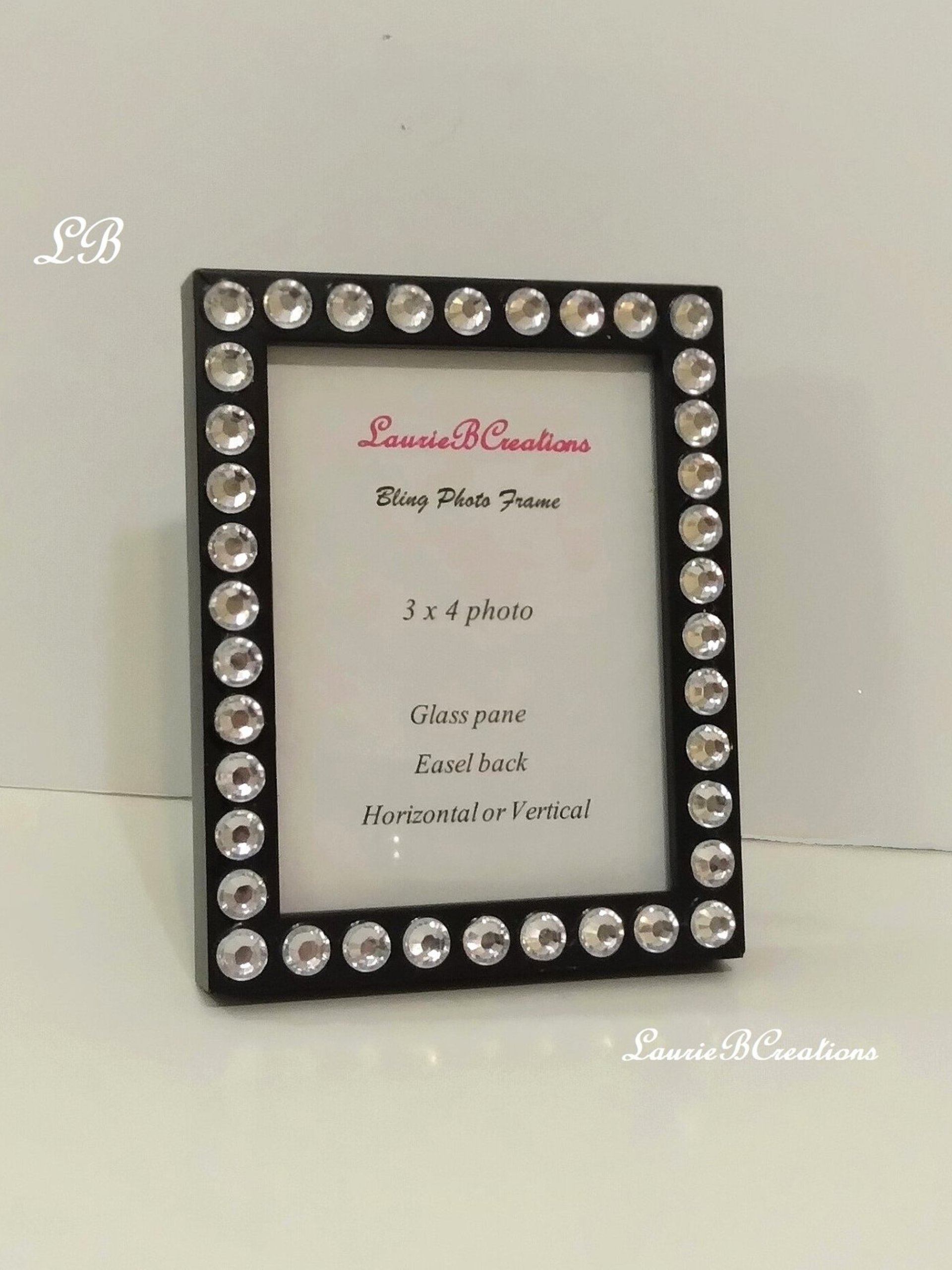 Bling Picture Frame - Black, White or Gray Mini Desktop Frame w/Clear Rhinestones - for 3" x 4" photos or info