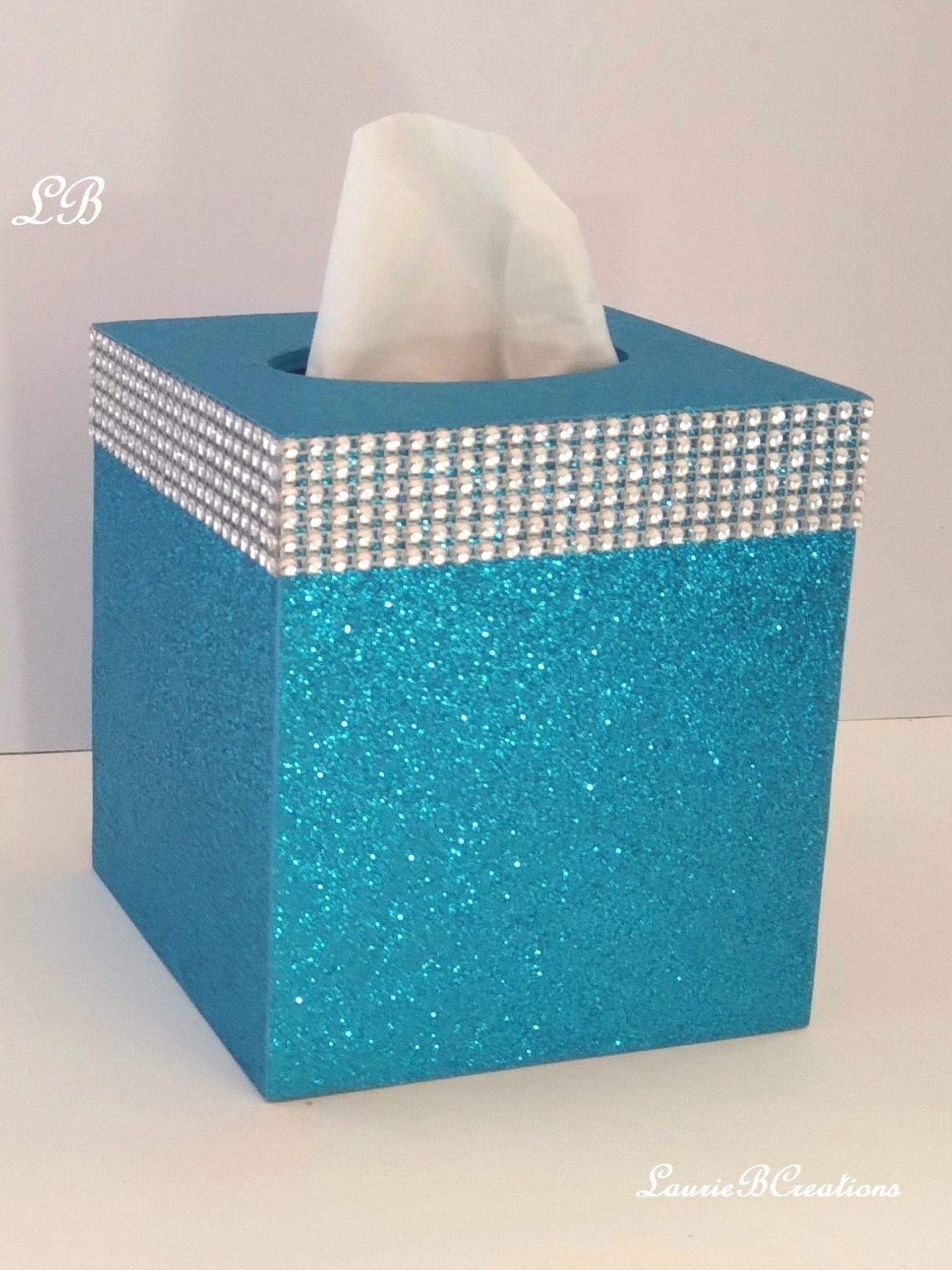 Glitter & Diamond Wrap Tissue Box Cover-Aqua blue fine glitter or a variety of colors-w/silver diamond wrap rhinestone bling
