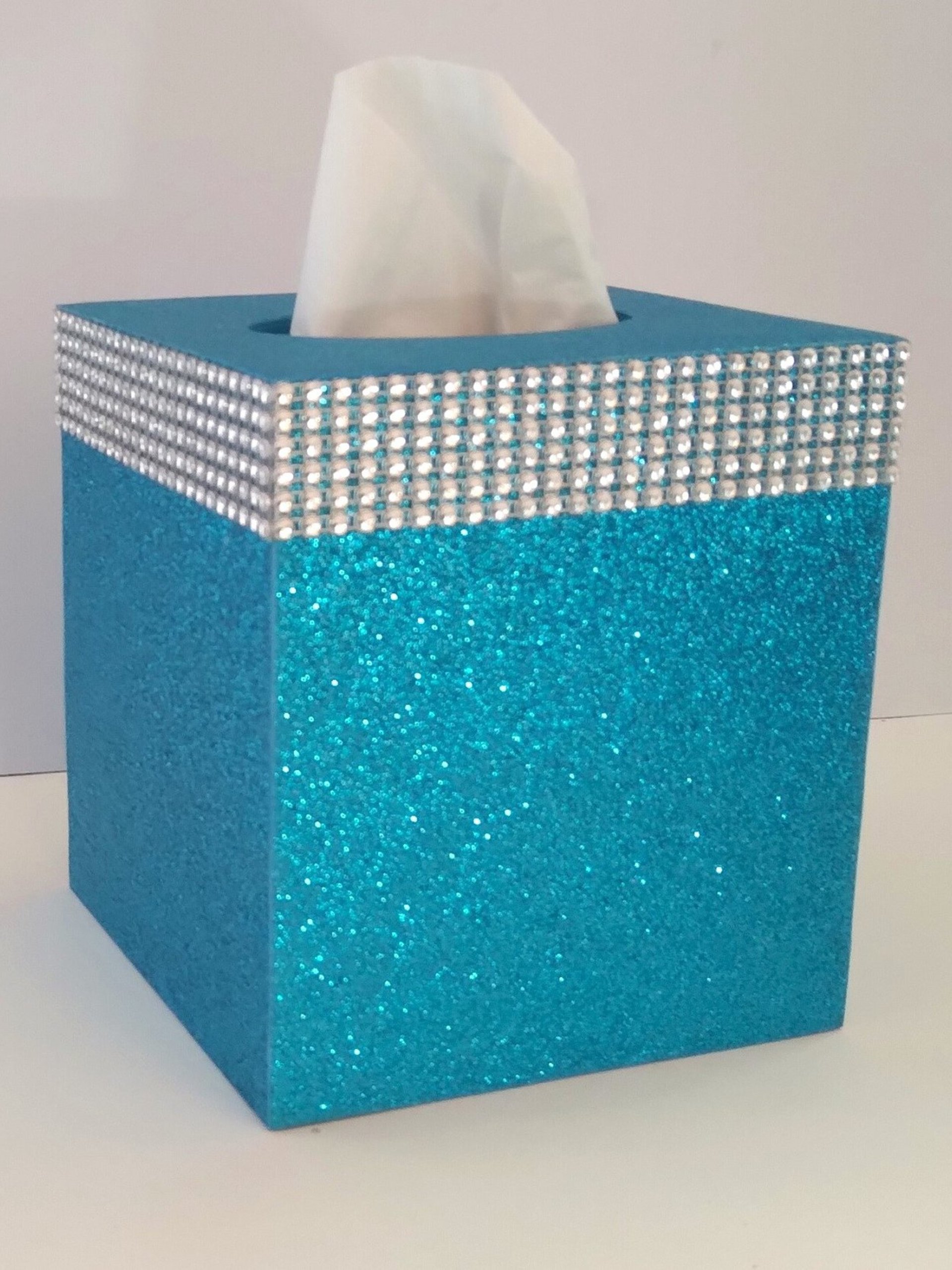 Glitter & Diamond Wrap Tissue Box Cover-Aqua blue fine glitter or a variety of colors-w/silver diamond wrap rhinestone bling