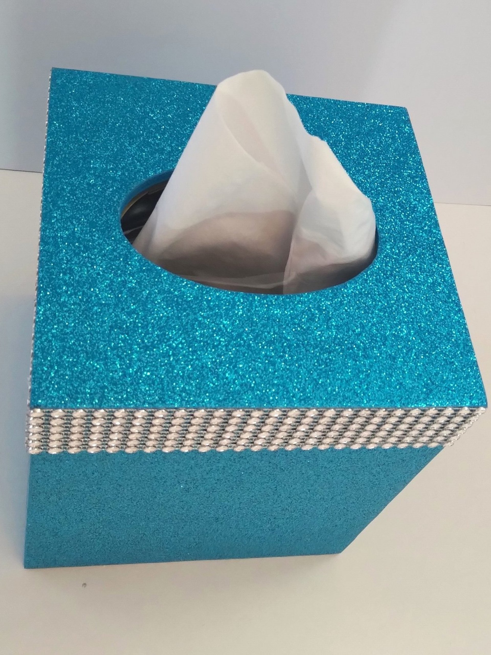 Glitter & Diamond Wrap Tissue Box Cover-Aqua blue fine glitter or a variety of colors-w/silver diamond wrap rhinestone bling