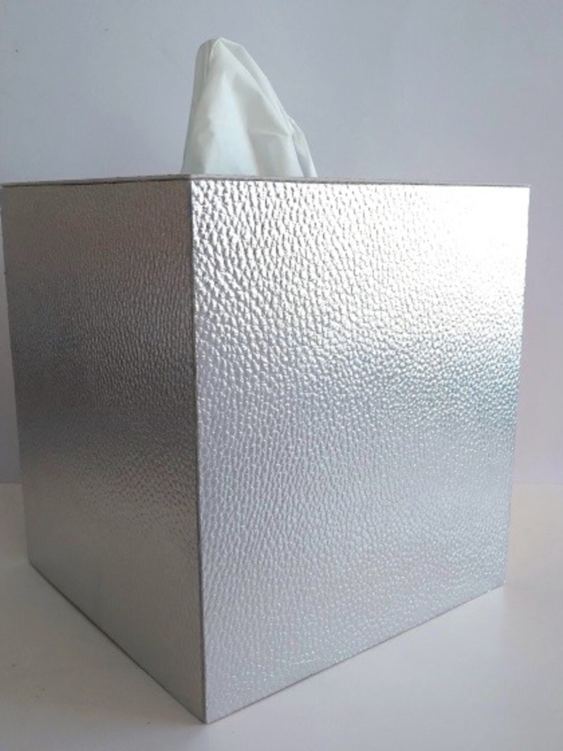 Metallic Silver Tissue Box Cover- Textured vinyl square tissue holder, faux leather 