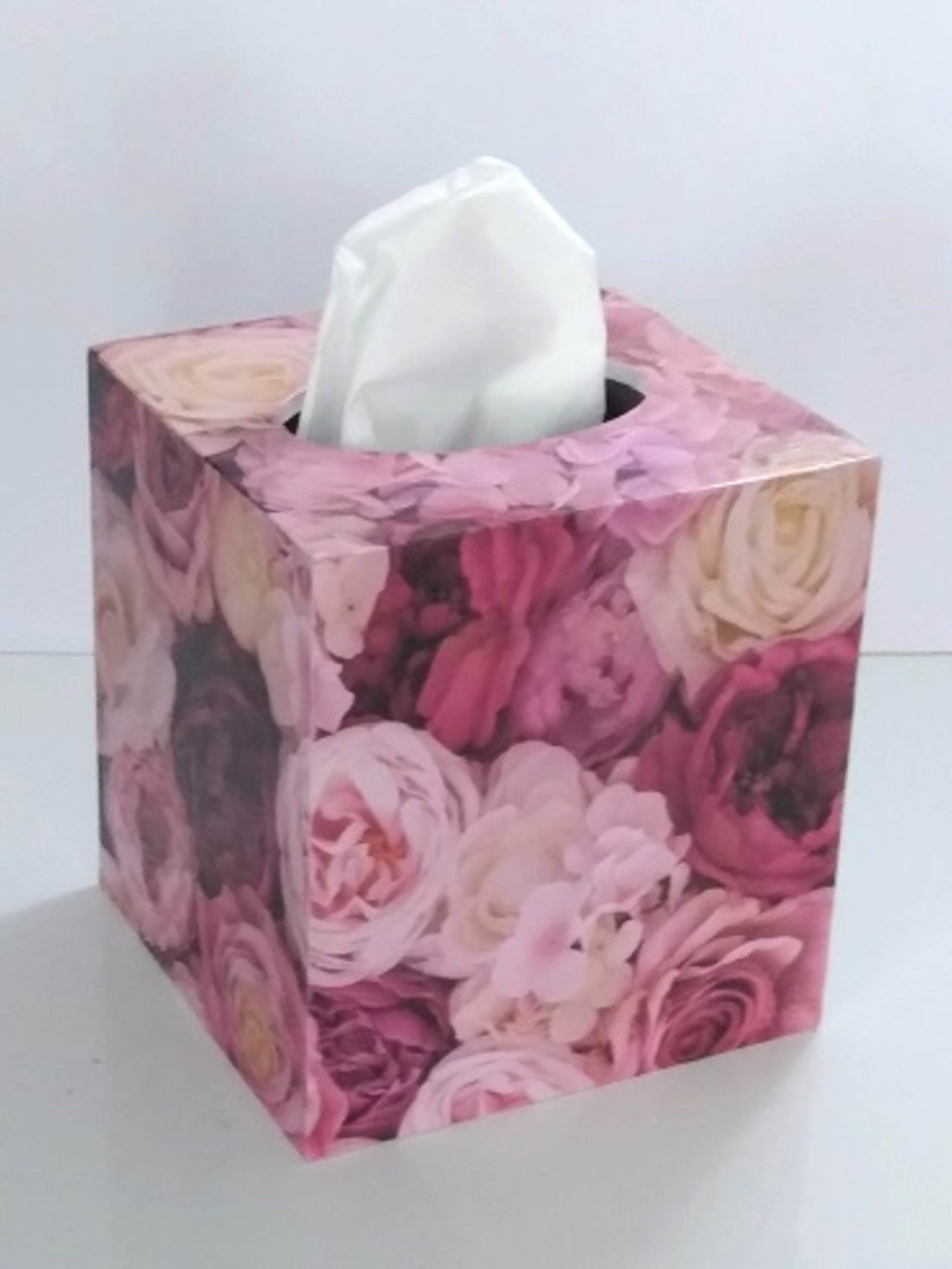 Pink Roses Tissue Box Cover - Floral Decoupage Square Tissue Holder