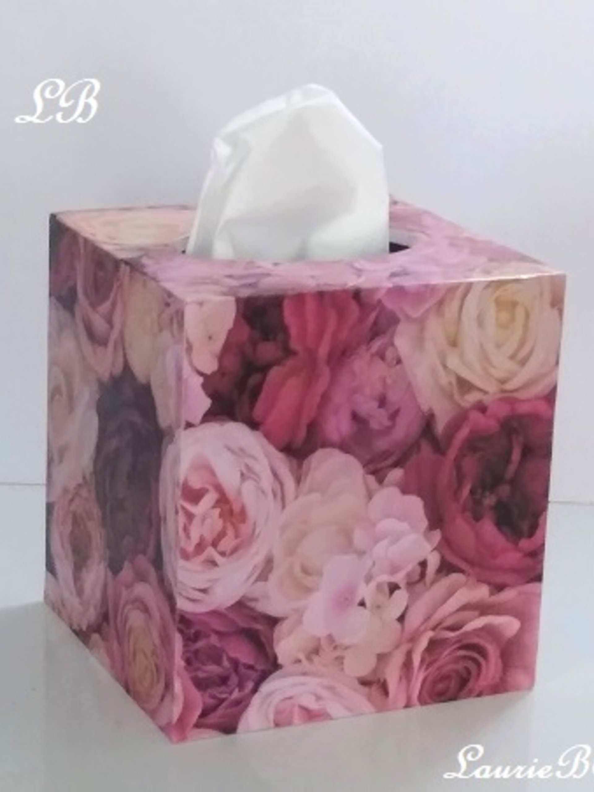 Pink Roses Tissue Box Cover - Floral Decoupage Square Tissue Holder