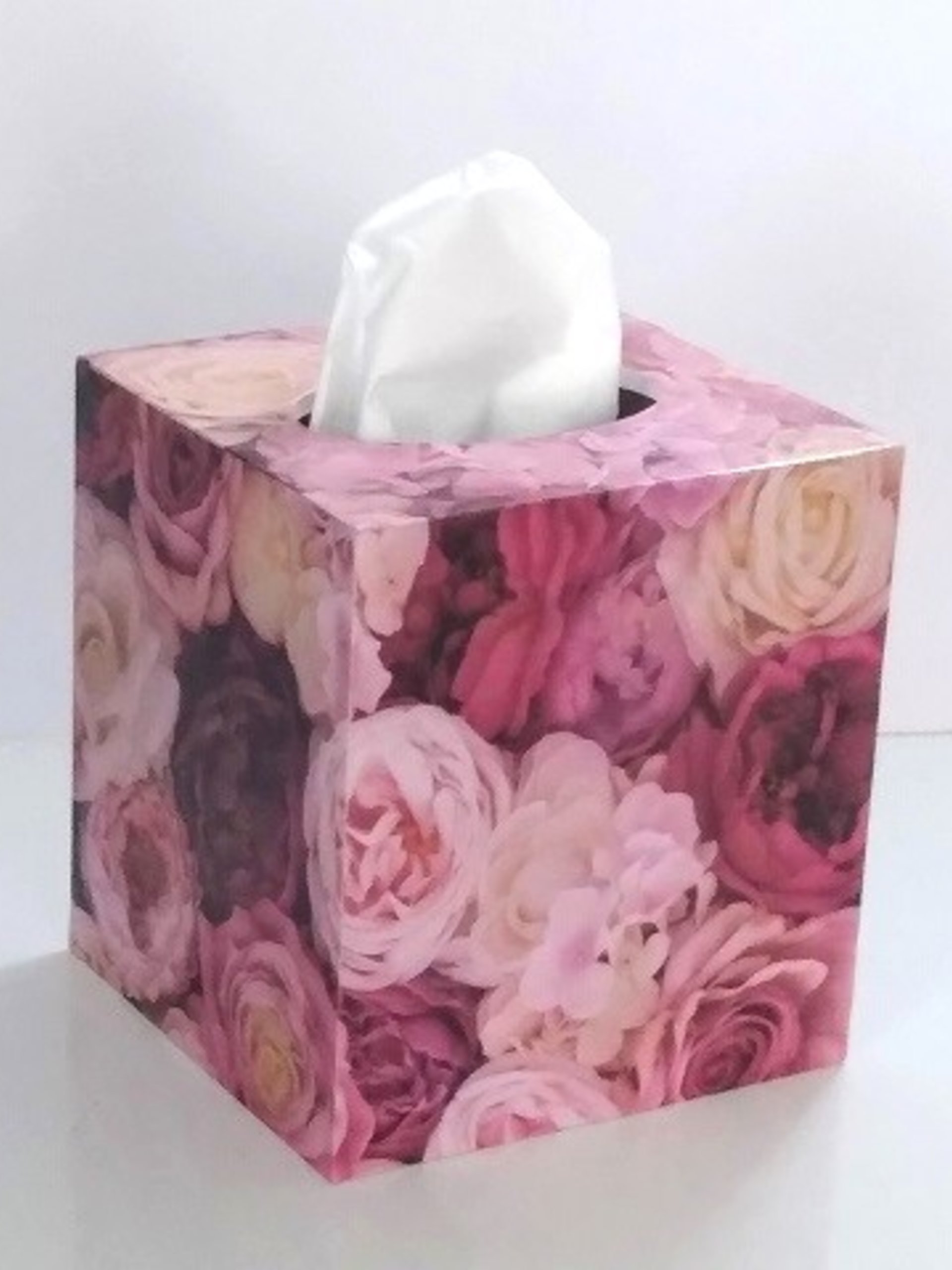Pink Roses Tissue Box Cover - Floral Decoupage Square Tissue Holder