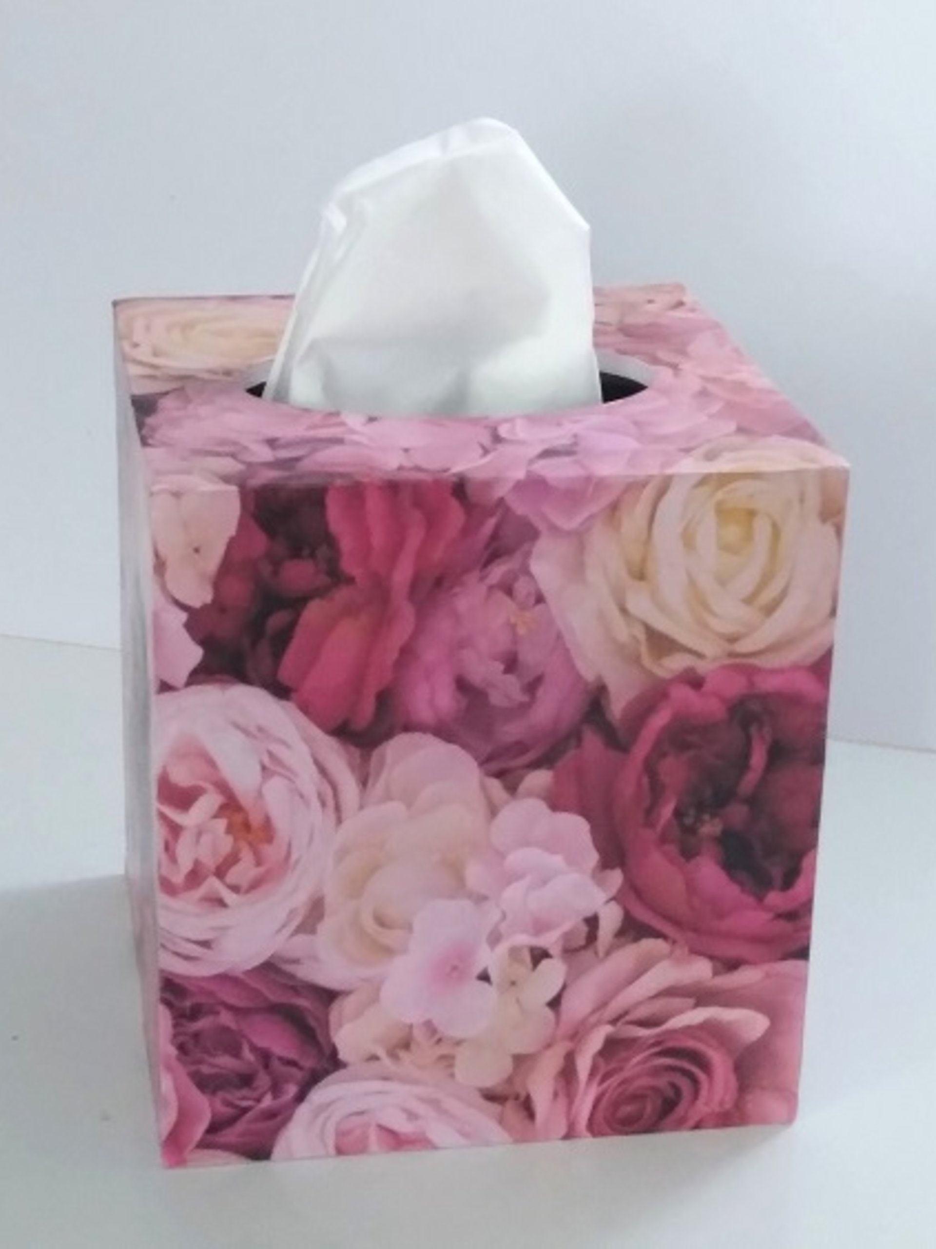 Pink Roses Tissue Box Cover - Floral Decoupage Square Tissue Holder