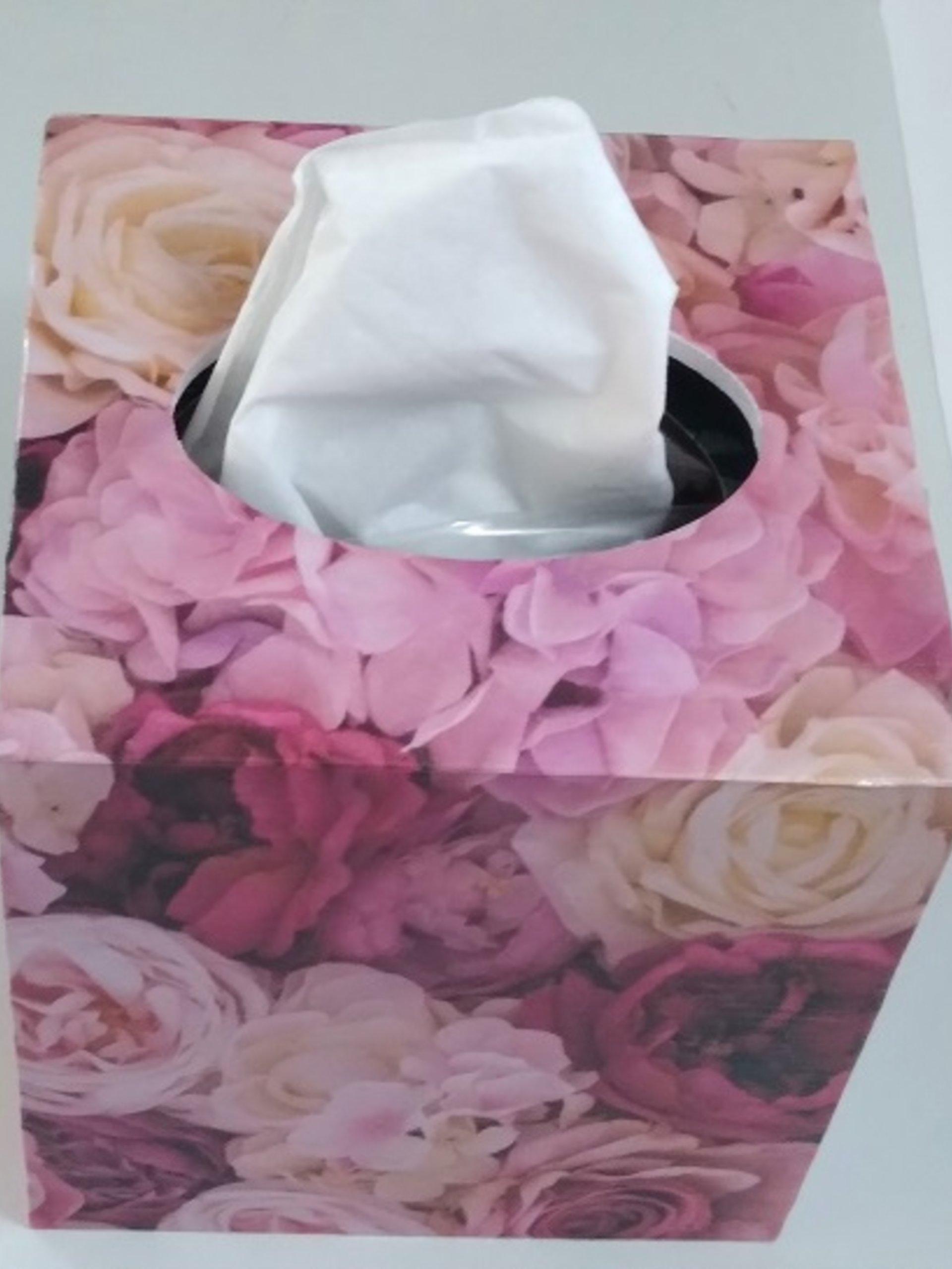 Pink Roses Tissue Box Cover - Floral Decoupage Square Tissue Holder