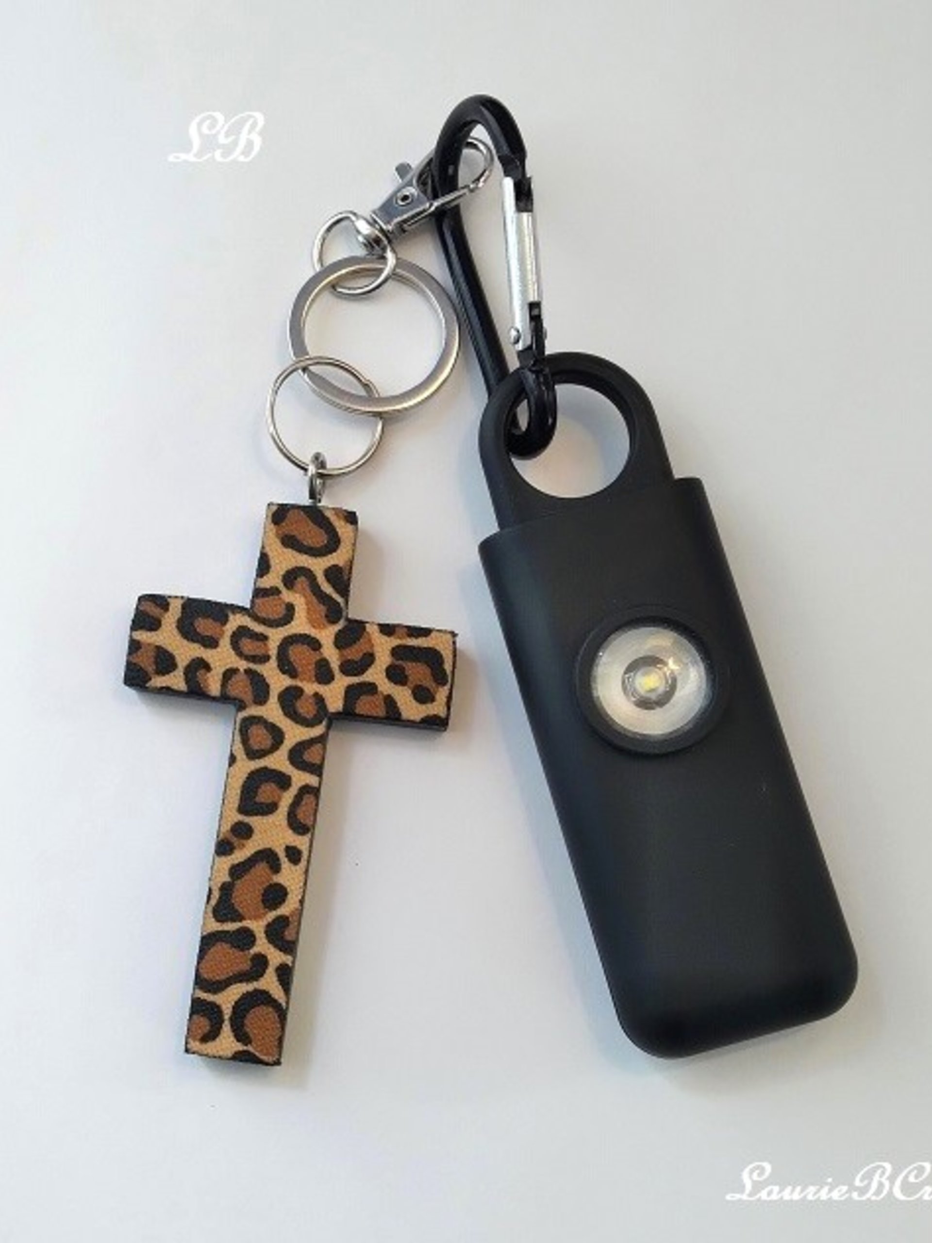 Cheetah Cross & Alarm Keychain Safety Set-130 decibel alarm with strobe light and cheetah/leopard cross or purse charm