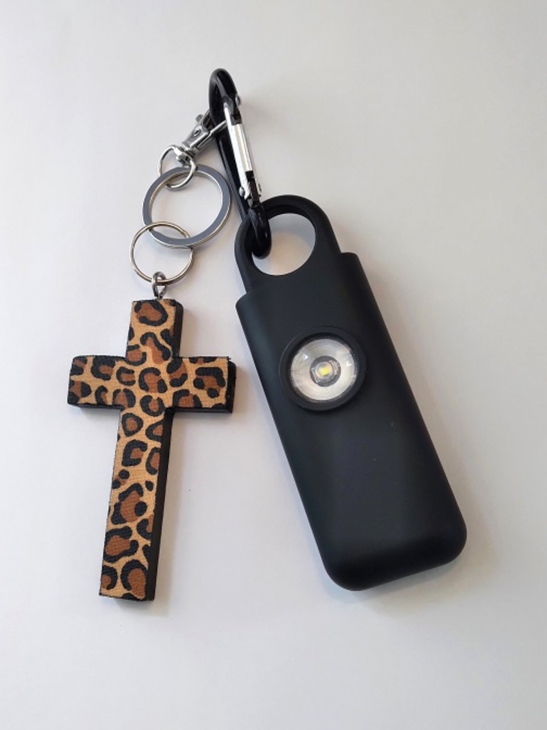 Cheetah Cross & Alarm Keychain Safety Set-130 decibel alarm with strobe light and cheetah/leopard cross or purse charm