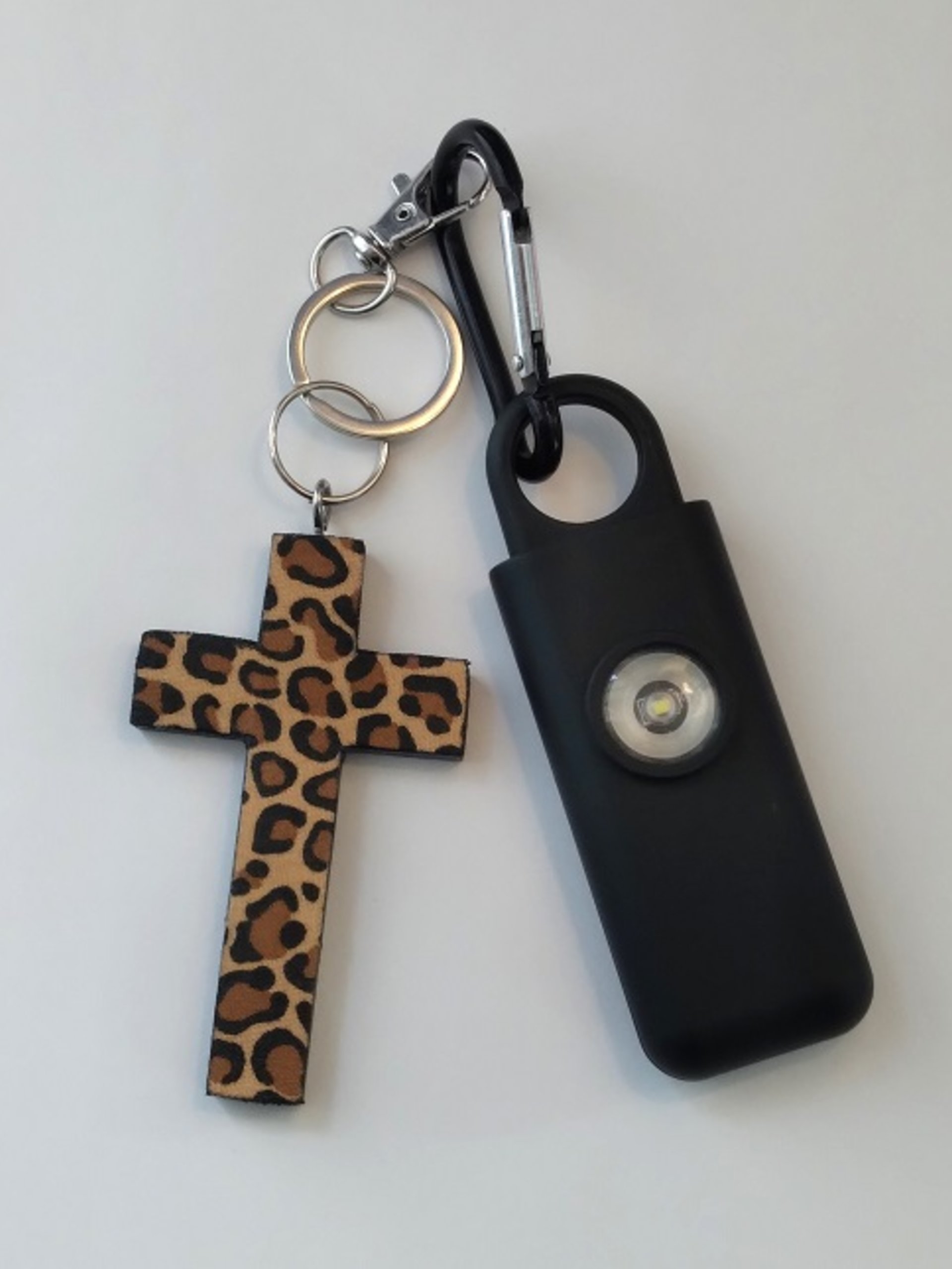 Cheetah Cross & Alarm Keychain Safety Set-130 decibel alarm with strobe light and cheetah/leopard cross or purse charm