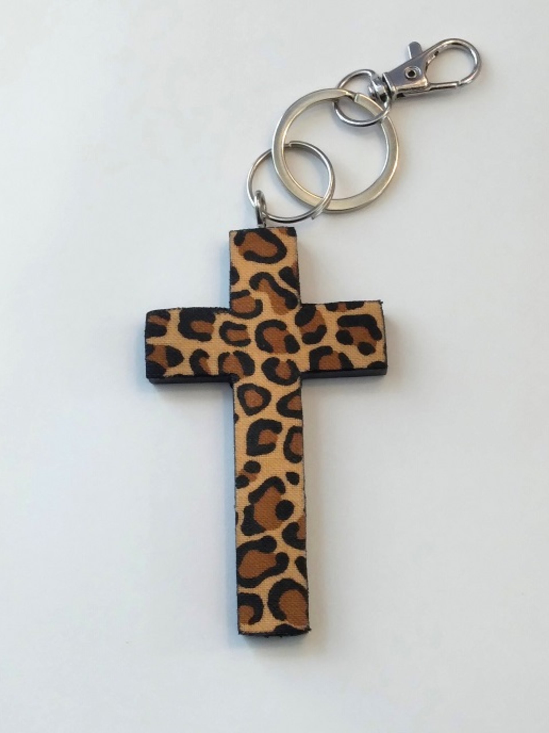 Cheetah Cross Keychain Safety Set -130 decibel personal alarm with strobe light, cat and handmade cheetah/leopard cross or purse charm