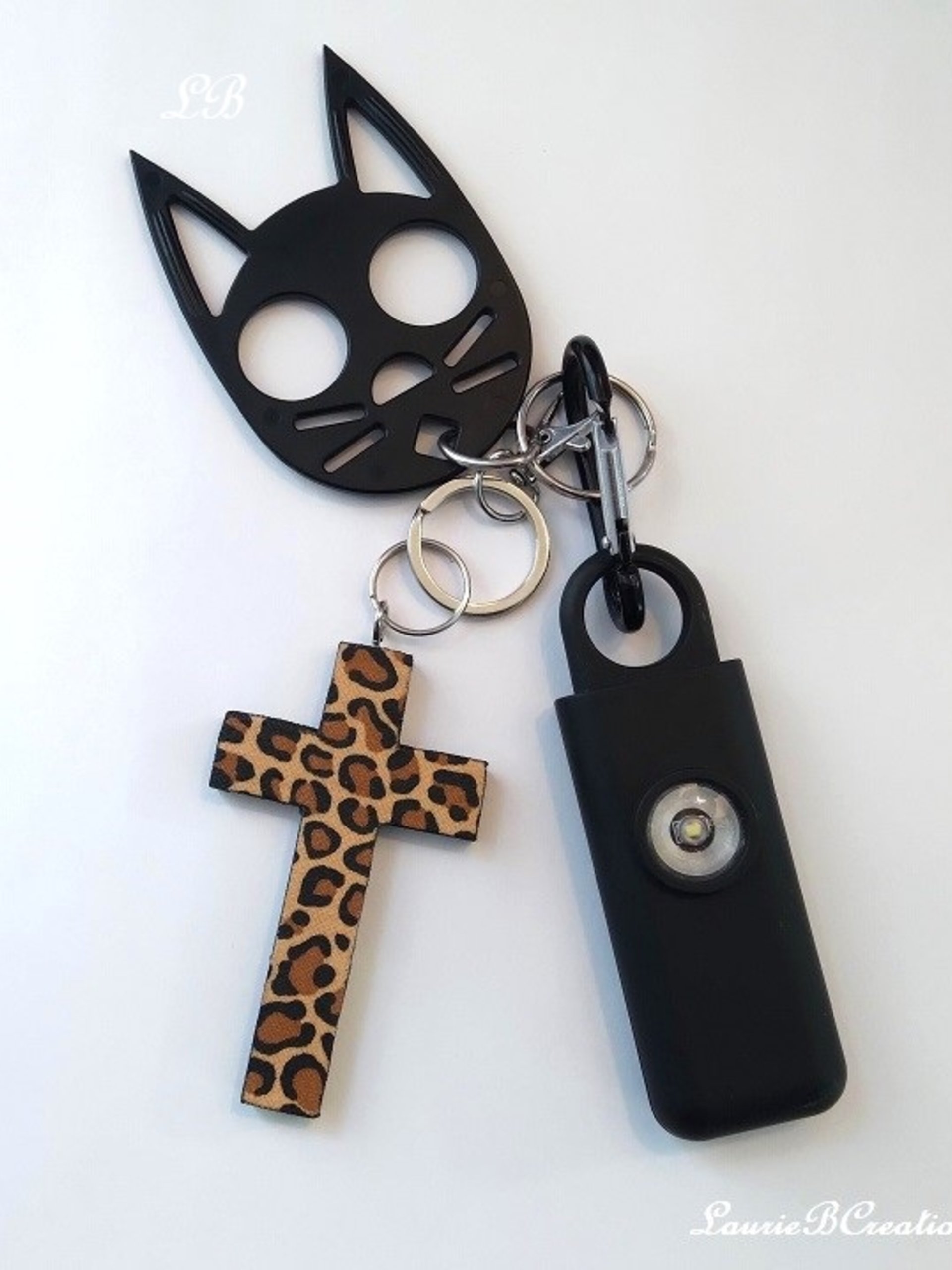 Cheetah Cross Keychain Safety Set -130 decibel personal alarm with strobe light, cat and handmade cheetah/leopard cross or purse charm
