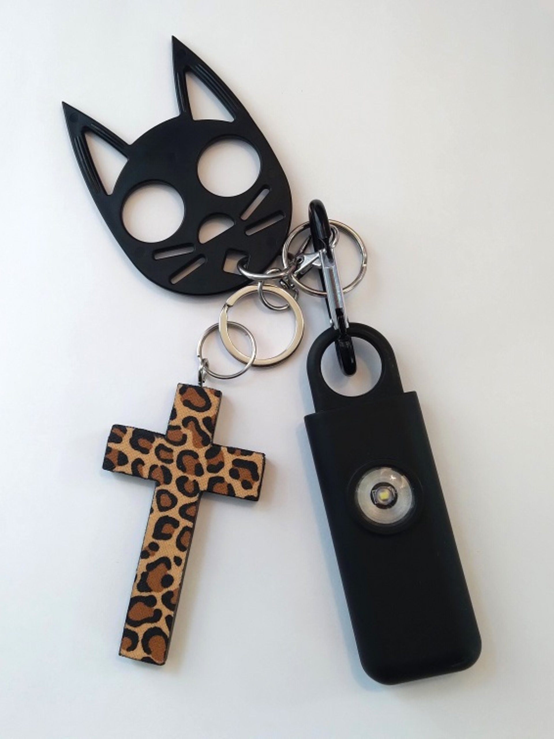 Cheetah Cross Keychain Safety Set -130 decibel personal alarm with strobe light, cat and handmade cheetah/leopard cross or purse charm