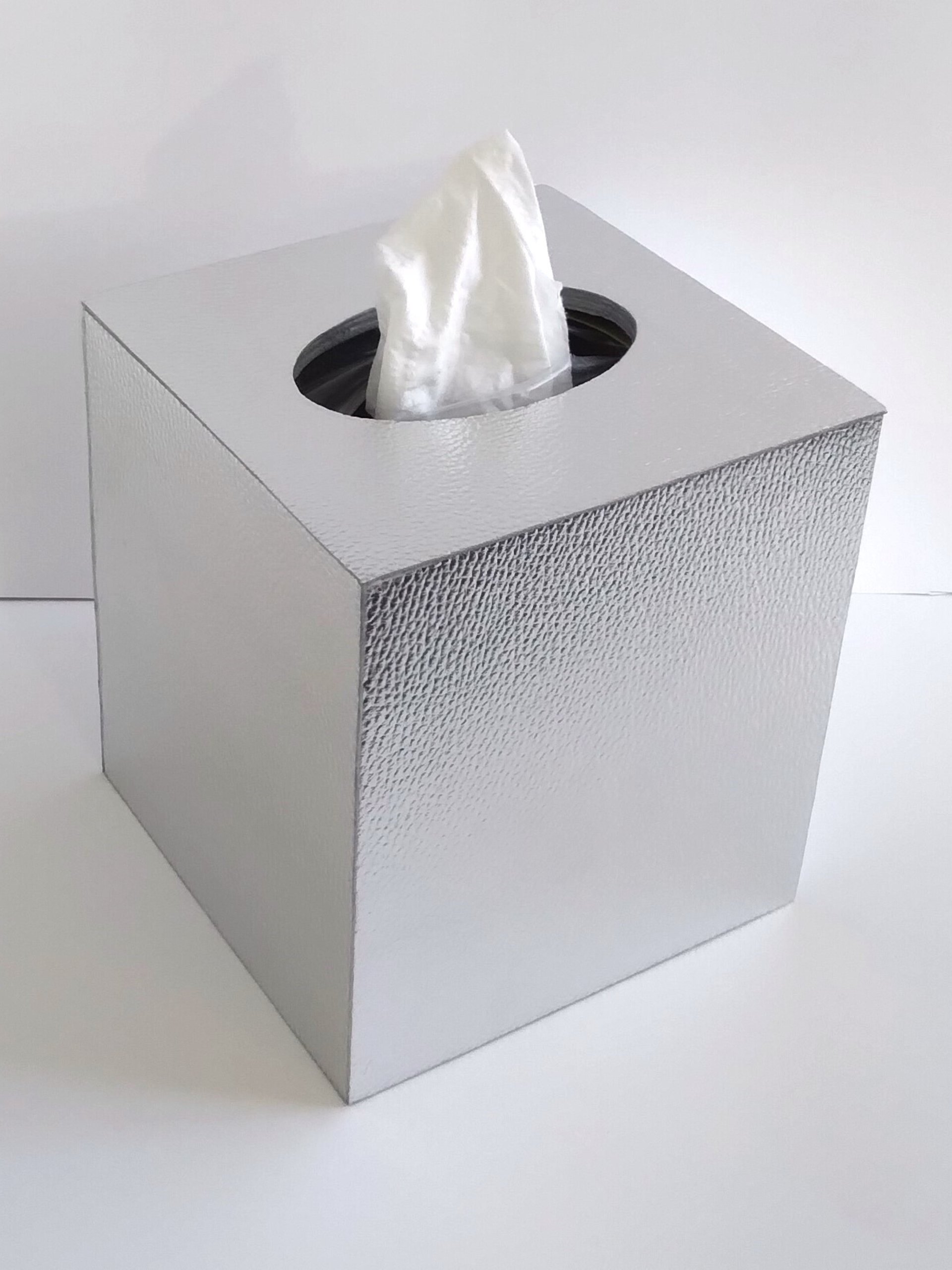 Metallic Silver Tissue Box Cover- Textured vinyl square tissue holder, faux leather 