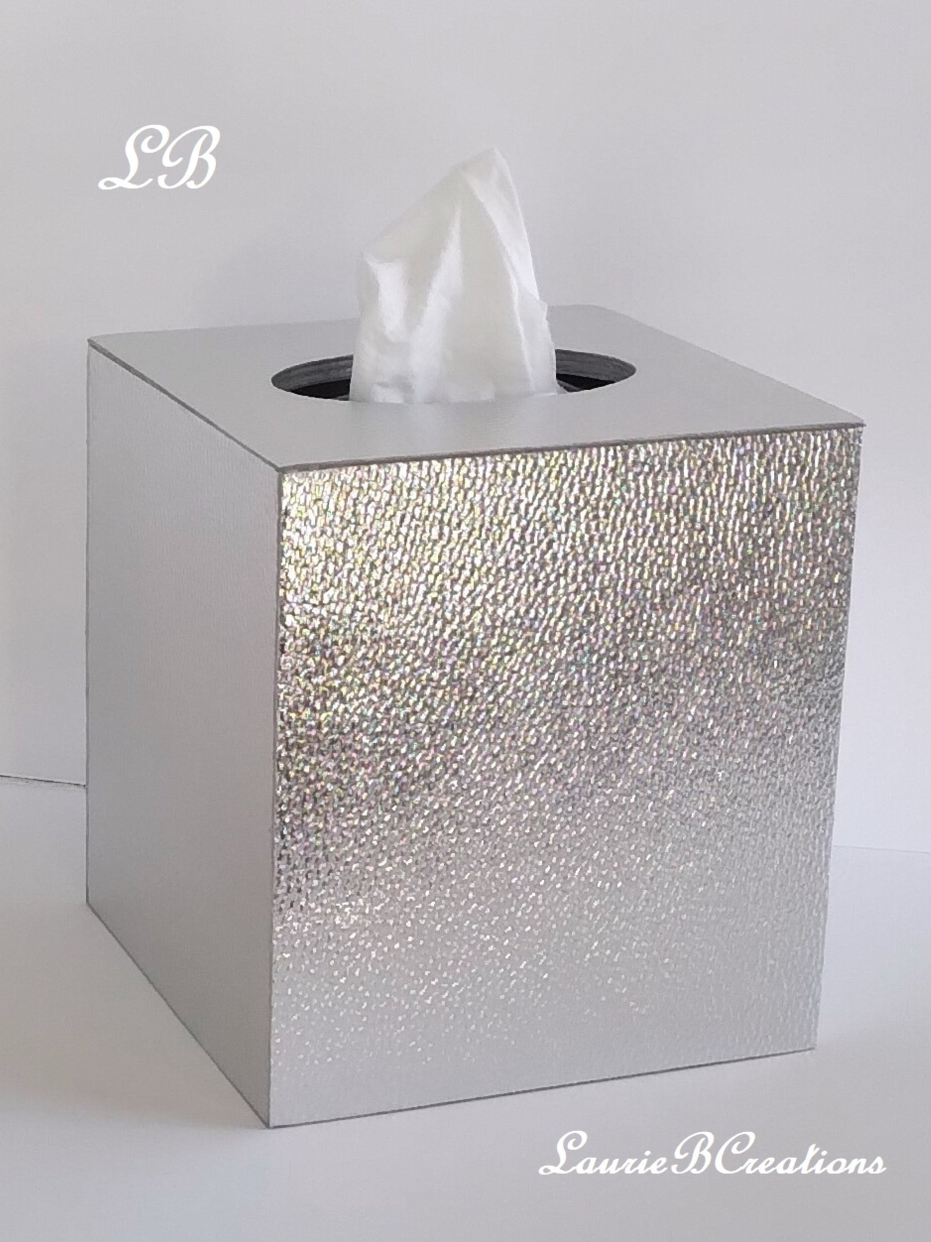 Metallic Silver Tissue Box Cover- Textured vinyl square tissue holder, faux leather 