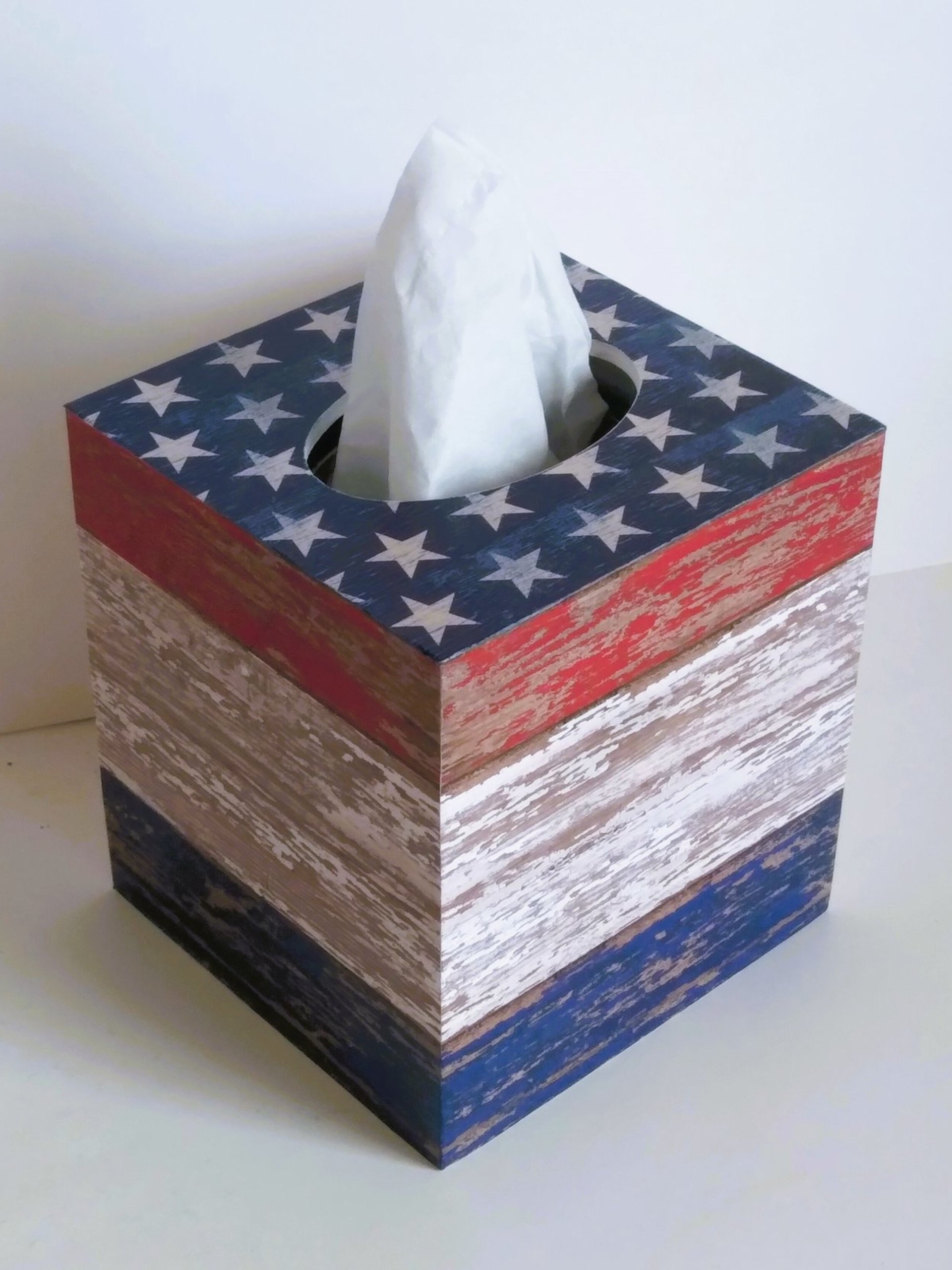 Patriotic Tissue Box Cover - Decoupage red, white and blue woodgrain design with stars