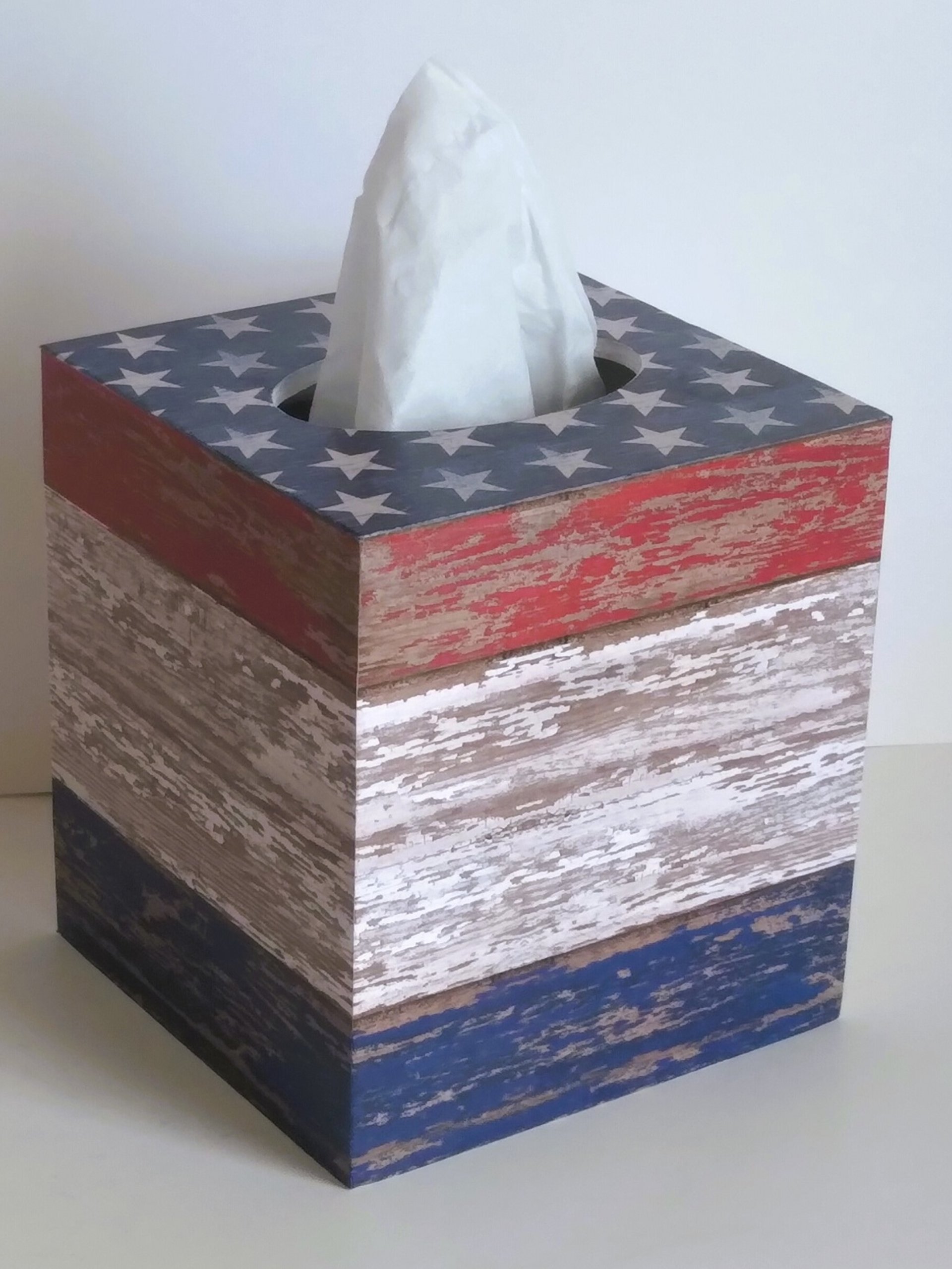 Patriotic Tissue Box Cover - Decoupage red, white and blue woodgrain design with stars