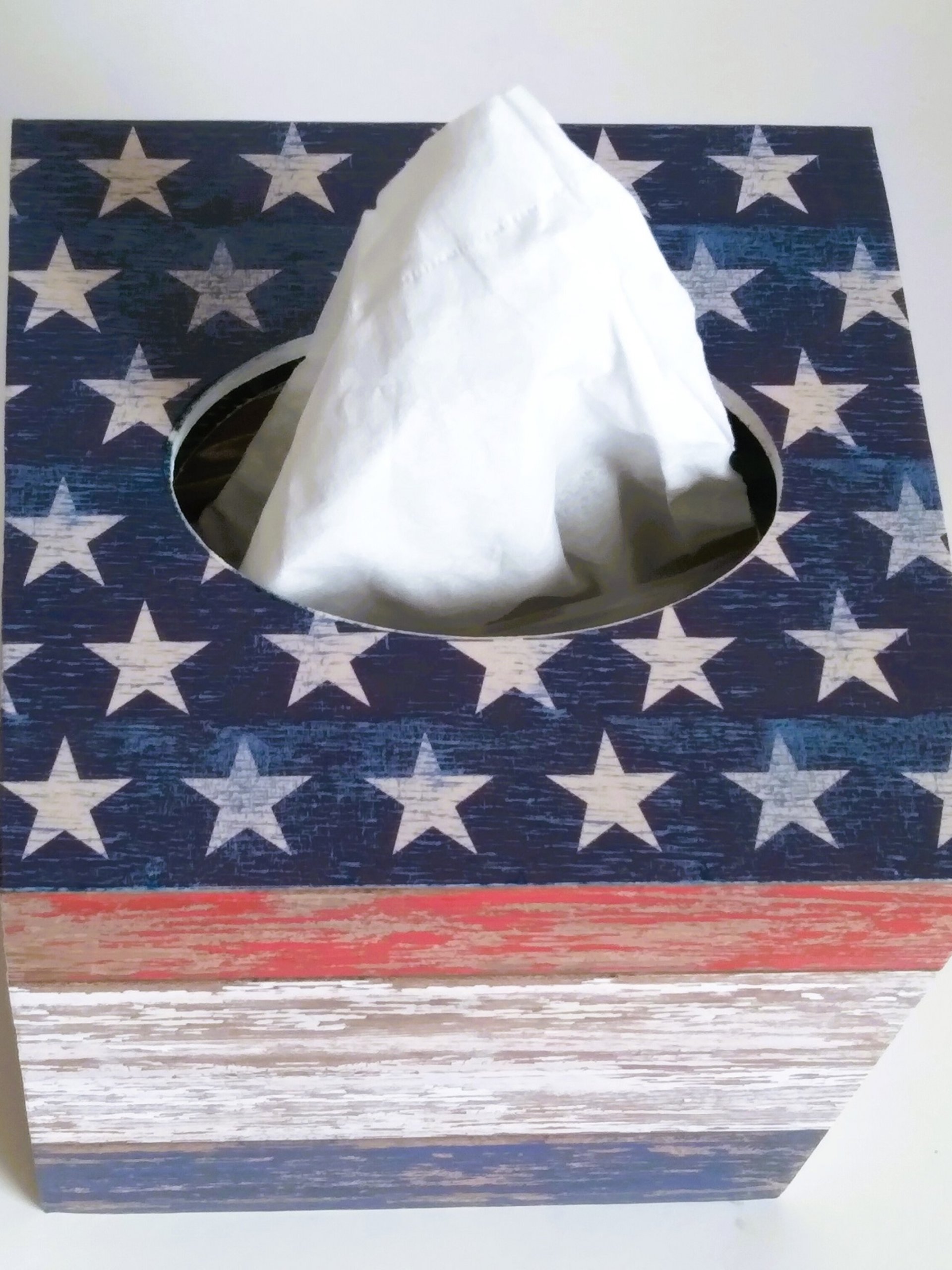 Patriotic Tissue Box Cover - Decoupage red, white and blue woodgrain design with stars