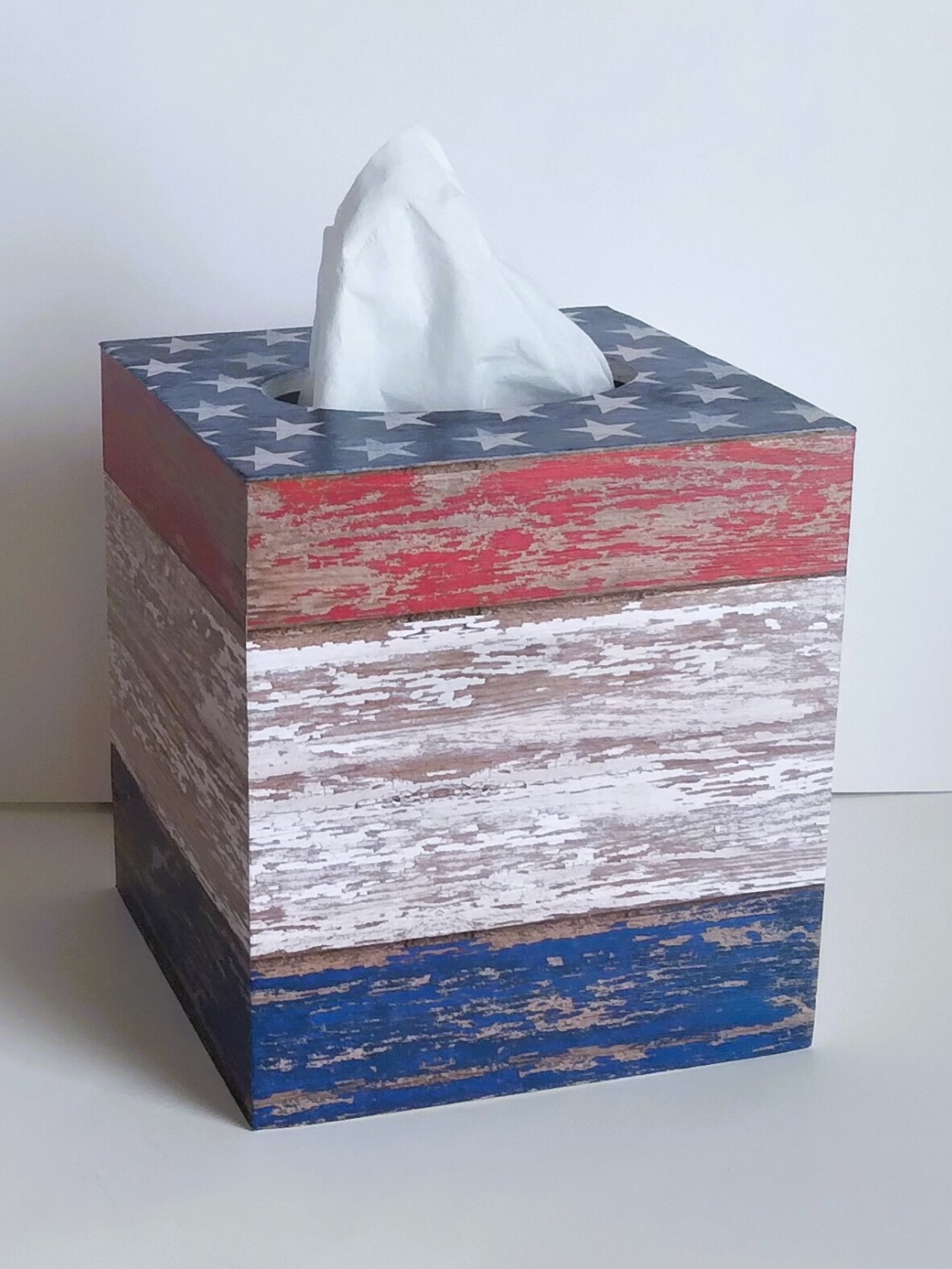 Patriotic Tissue Box Cover - Decoupage red, white and blue woodgrain design with stars