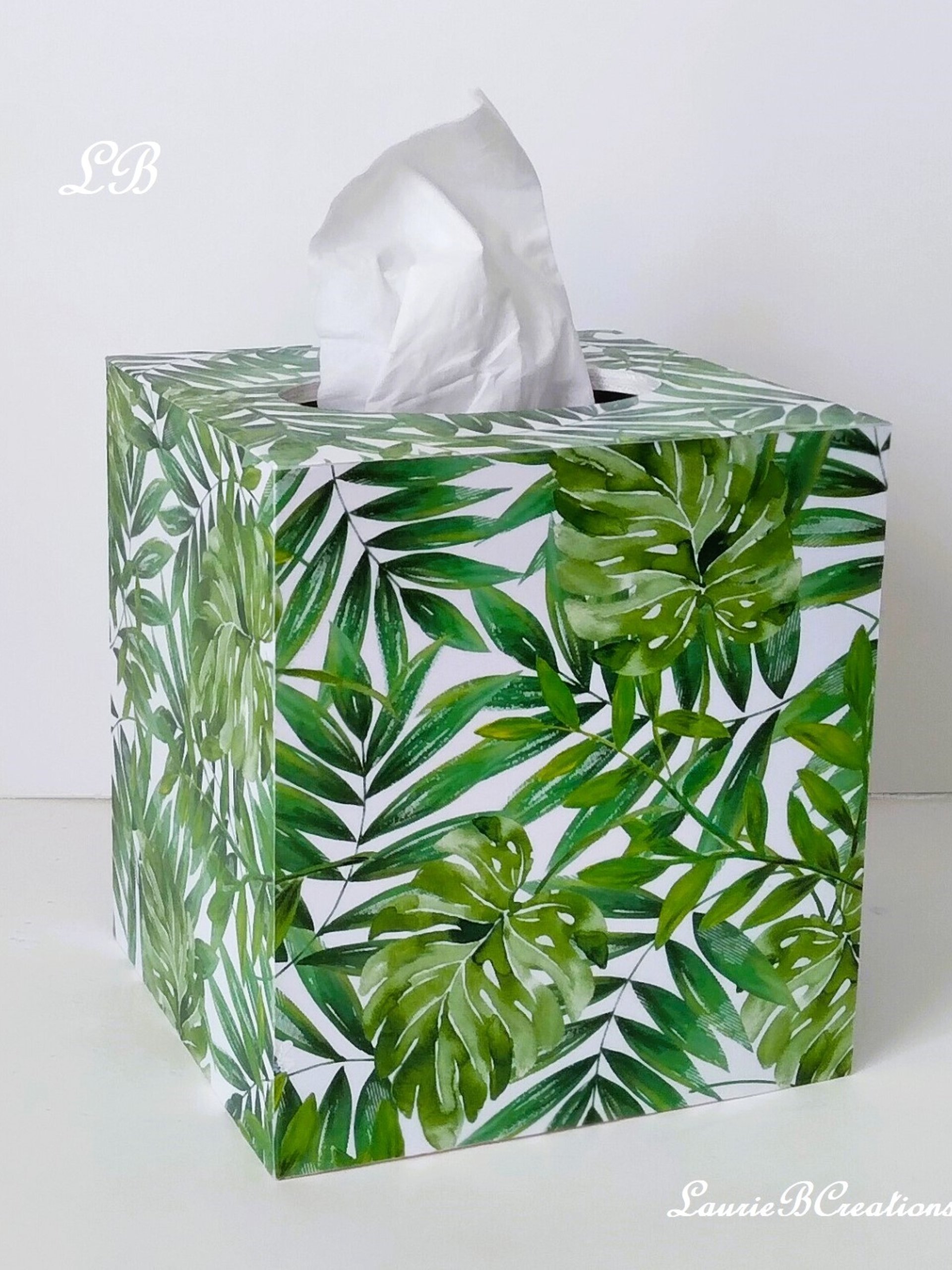 Tropical Palm Leaf Tissue Box Cover- Decoupage with green palm and monstera leaves on white background