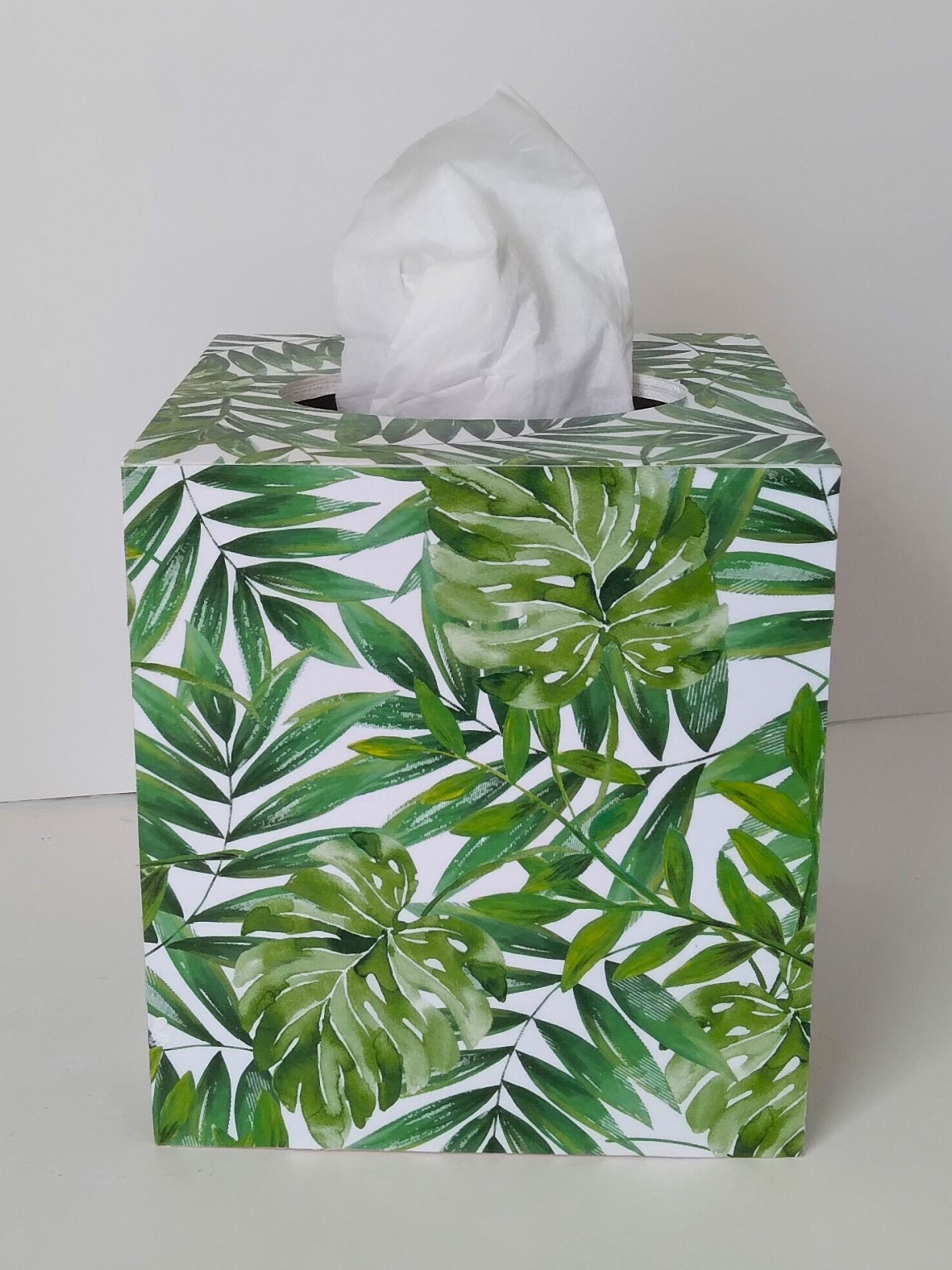 Tropical Palm Leaf Tissue Box Cover- Decoupage with green palm and monstera leaves on white background