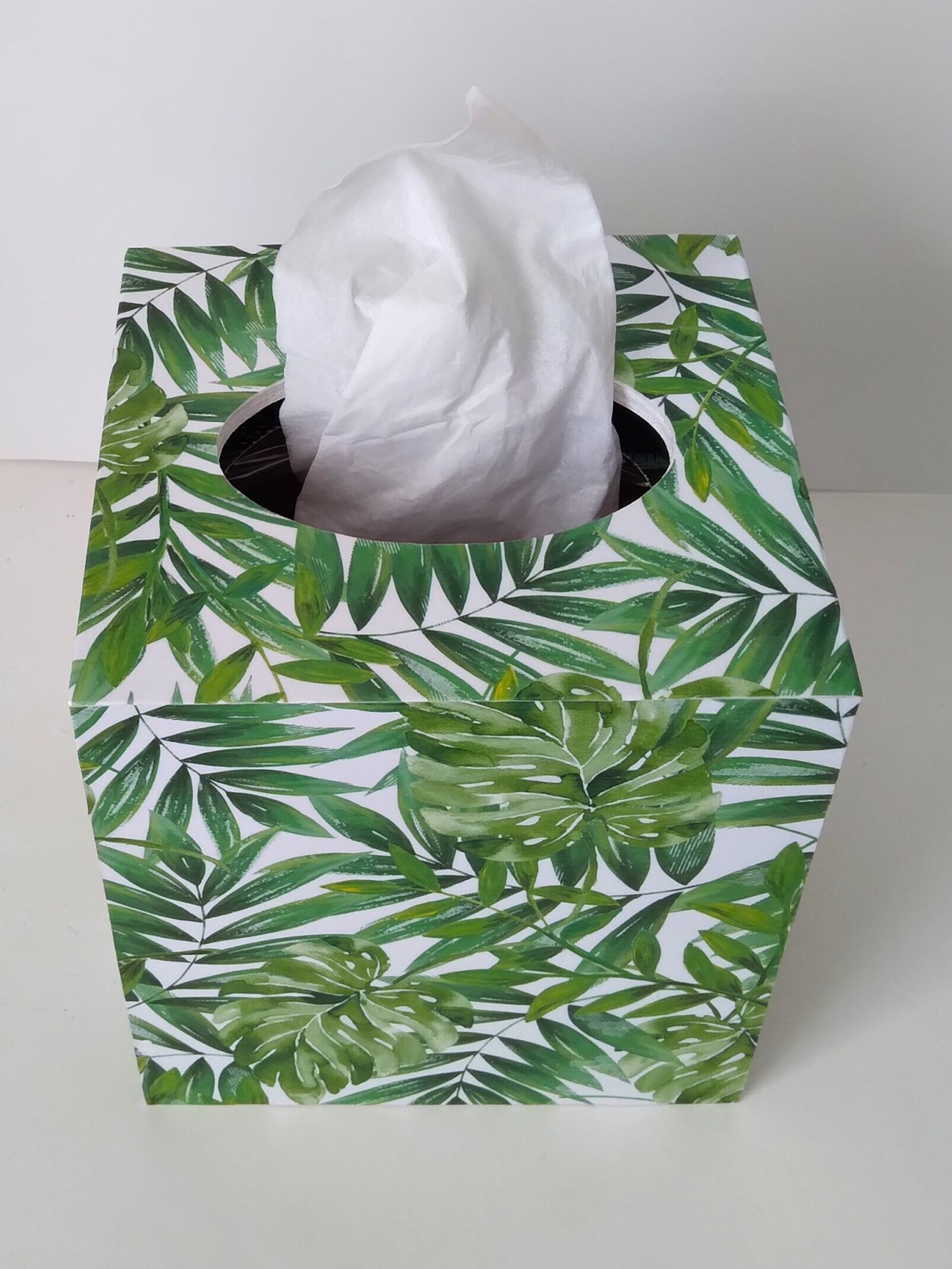 Tropical Palm Leaf Tissue Box Cover- Decoupage with green palm and monstera leaves on white background
